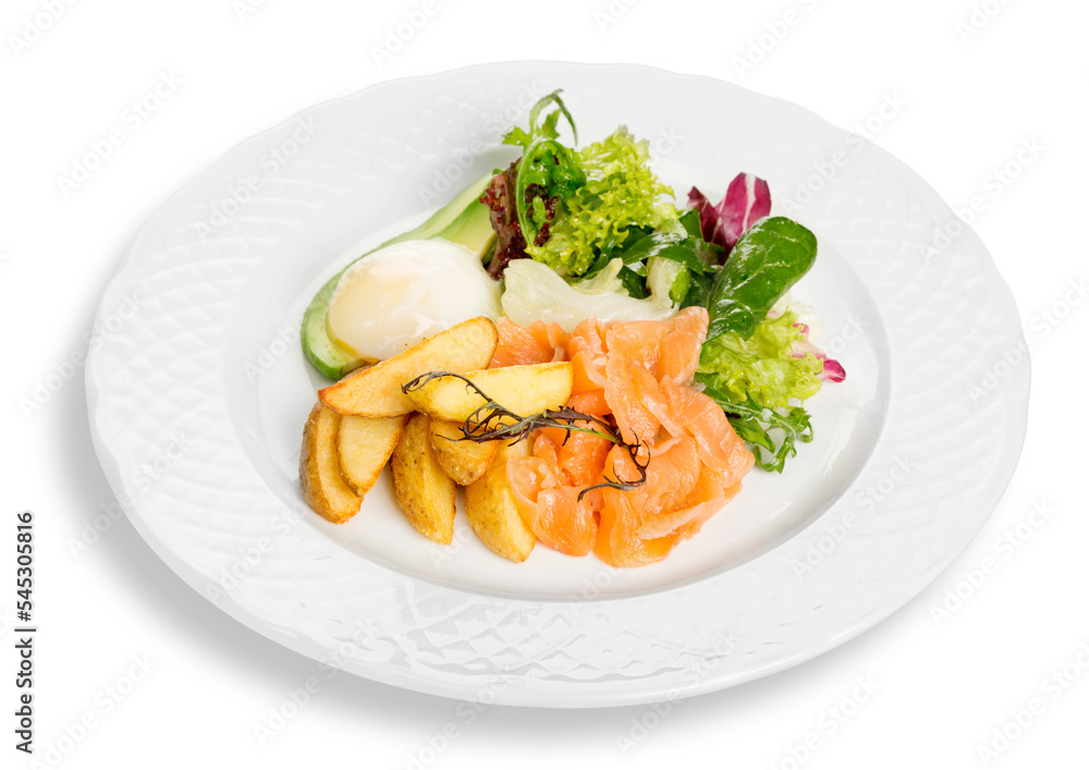 Fish dish - fried fish fillet with vegetables on white background Fish dish - fried fish fillet with vegetables on white background