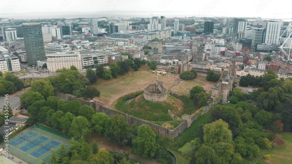 Aerial view of ruins of medieval Cardiff Castle and surrounding city in Wales Aerial view of ruins of medieval Cardiff Castle and surrounding city in Wales