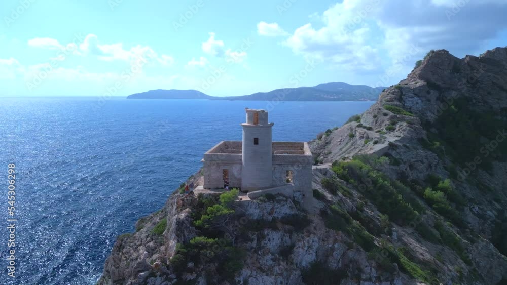 Famous hiking destination on Ibiza island. Tranquil aerial view flight Famous hiking destination on Ibiza island. Tranquil aerial view flight