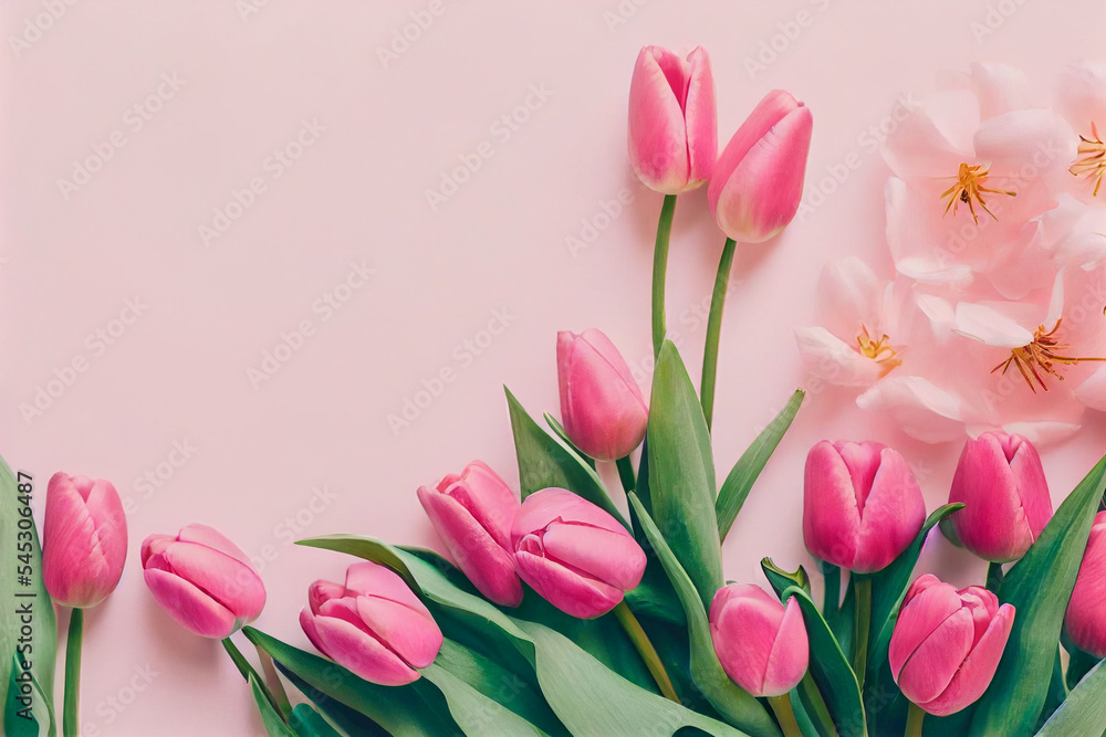 Bouquet of pink tulips flowers pink background Valentine's Day,Birthday, Happy Women's Mother's Day.