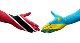 Handshake between Rwanda and Trinidad Tobago flags painted on hands, isolated transparent image.