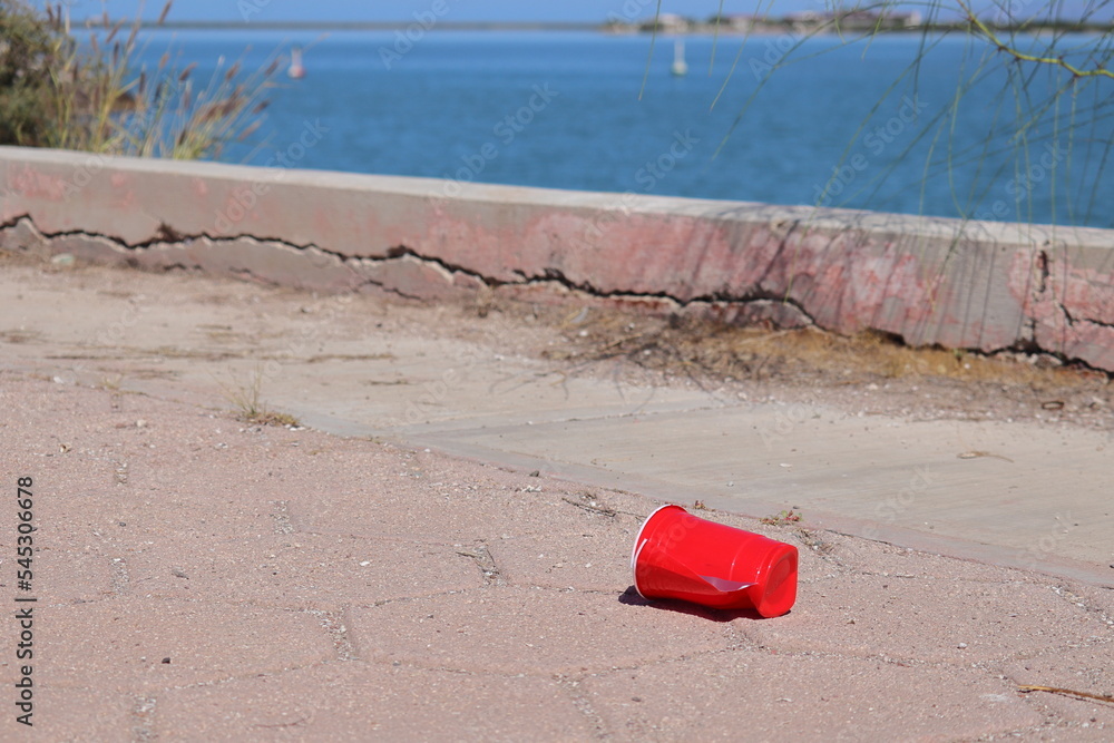 A disposable red plastic cup, thrown on a path by the ocean A disposable red plastic cup, thrown on a path by the ocean
