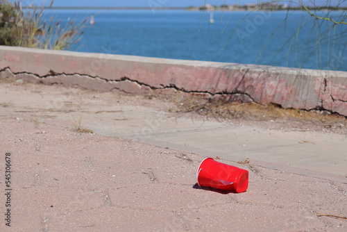 A disposable red plastic cup, thrown on a path by the ocean