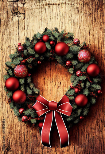 Christmas wreath on old wooden door, new year celebration concept, happy new year, welcome entry