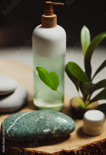 Relax composition massage stone  white pump lotion bottle green plant on pine wood table  spa  clean