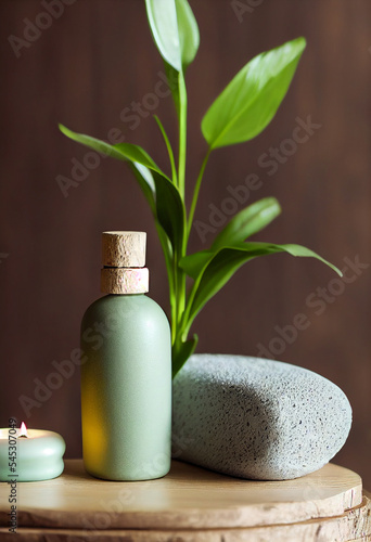 Relax composition massage stone  white pump lotion bottle green plant on pine wood table  spa  clean