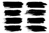 Brush stroke texture set. Hand drawn black ink, paint smears group isolated on white background. Grunge freehand shapes