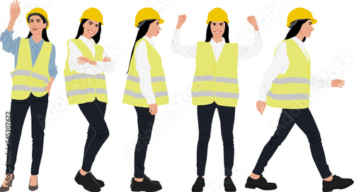 Hand-drawn set of female workers with helmets and vests. Vector flat style illustration isolated on white. Full length view