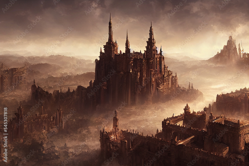 Naklejka premium elegant palace made of stone, built above a futuristic city, high fantasy, magic, ai generated art