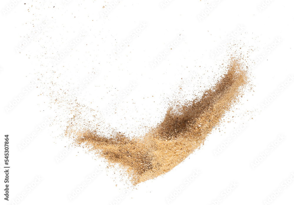 Sand flying explosion, Golden sand wave explode. Abstract sands cloud fly. Yellow colored sand splash throwing in Air. White background Isolated high speed shutter, throwing freeze stop motion, png - obrazy, fototapety, plakaty 