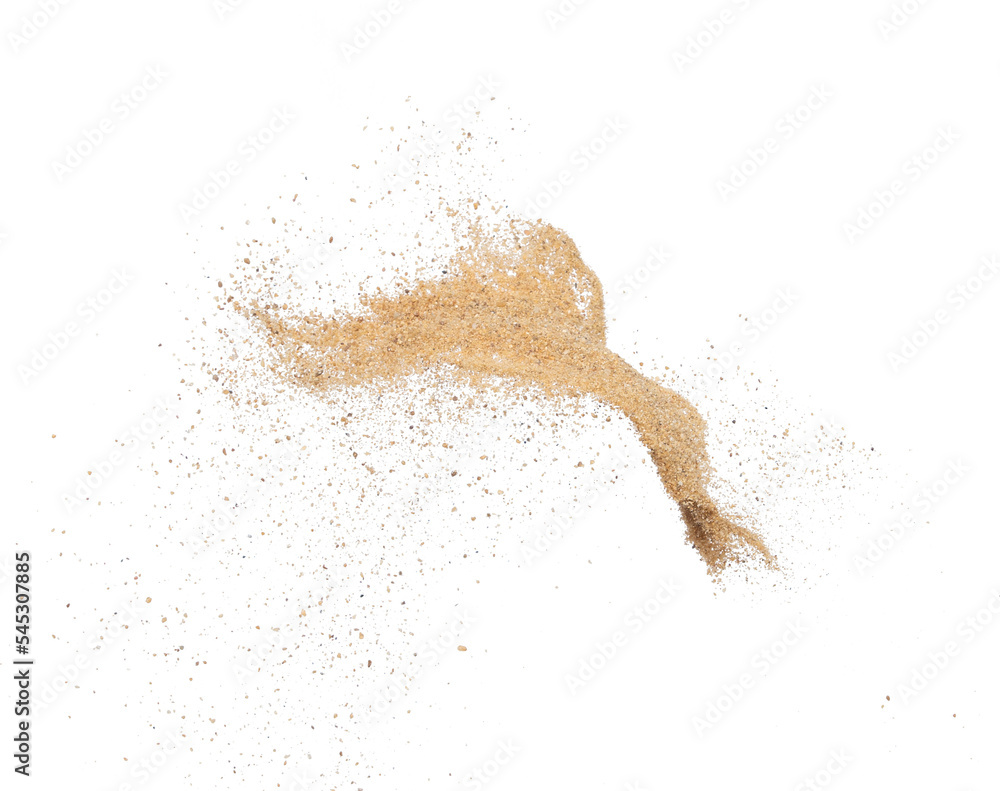 Sand flying explosion, Golden sand wave explode. Abstract sands cloud fly. Yellow colored sand splash throwing in Air. White background Isolated high speed shutter, throwing freeze stop motion, png - obrazy, fototapety, plakaty 