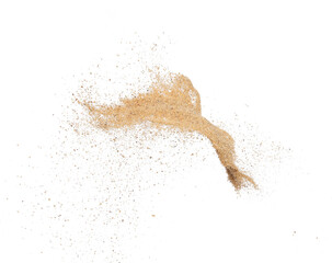 Sand flying explosion, Golden sand wave explode. Abstract sands cloud fly. Yellow colored sand splash throwing in Air. White background Isolated high speed shutter, throwing freeze stop motion, png