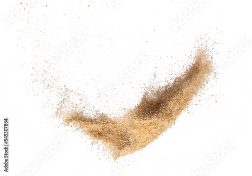 Obraz Sand flying explosion, Golden sand wave explode. Abstract sands cloud fly. Yellow colored sand splash throwing in Air. White background Isolated high speed shutter, throwing freeze stop motion, png