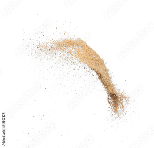 Sand flying explosion, Golden sand wave explode. Abstract sands cloud fly. Yellow colored sand splash throwing in Air. White background Isolated high speed shutter, throwing freeze stop motion, png