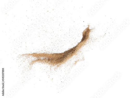 Sand flying explosion, Golden sand wave explode. Abstract sands cloud fly. Yellow colored sand splash throwing in Air. White background Isolated high speed shutter, throwing freeze stop motion, png photo