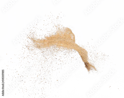 Obraz Sand flying explosion, Golden sand wave explode. Abstract sands cloud fly. Yellow colored sand splash throwing in Air. White background Isolated high speed shutter, throwing freeze stop motion, png