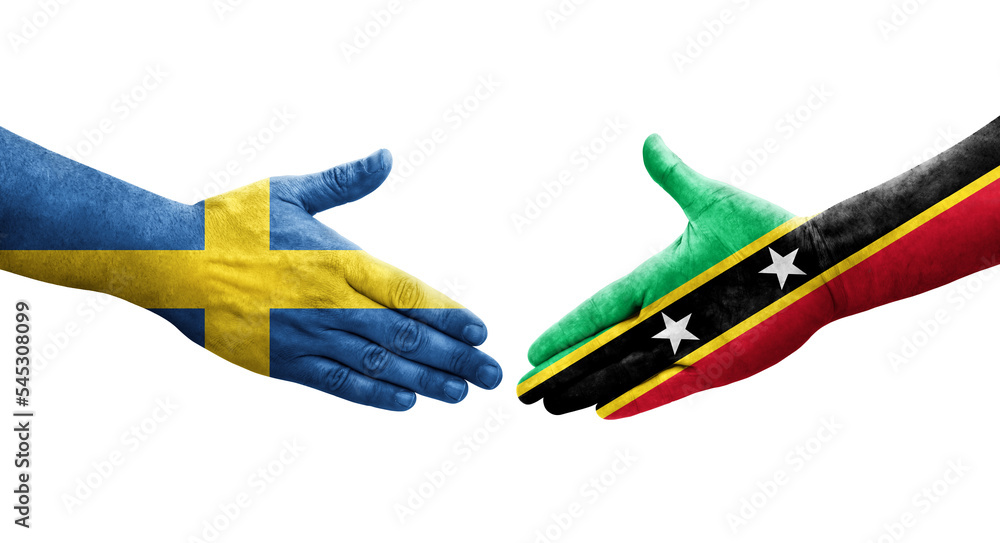 Handshake between Saint Kitts and Nevis and Sweden flags painted on hands, isolated transparent image. Handshake between Saint Kitts and Nevis and Sweden flags painted on hands, isolated transparent image.