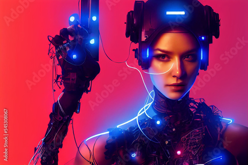 gorgeous cyberpunk woman wearing tech-wire attire as cinematic and photo realistic character design, dynamic pose, alluring, mechanical features anatomical,, ai generated art