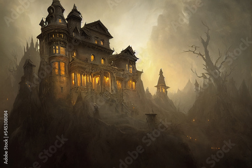 Haunted House on top of a hill, Fantasy, Chiaroscuro, Hyper detailed, Palladian architecture, Dramatic Atmosphere, Adumbral, Supernatural light, Spooky, Daunting, Mysterious. AI GERENATED ART photo