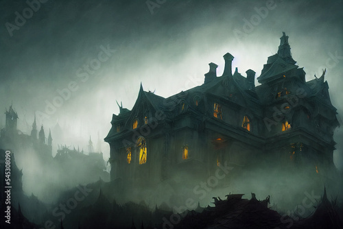 Haunted House on top of a hill  Fantasy  Chiaroscuro  Hyper detailed  Palladian architecture  Dramatic Atmosphere  Adumbral  Supernatural light  Spooky  Daunting  Mysterious. AI GERENATED ART