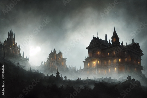 Haunted House on top of a hill, Fantasy, Chiaroscuro, Hyper detailed, Palladian architecture, Dramatic Atmosphere, Adumbral, Supernatural light, Spooky, Daunting, Mysterious. AI GERENATED ART © Banana Images