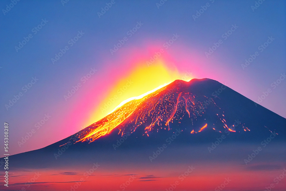 Illustration of a violently erupting cone volcano in evening light with copy space and bold, bright colors. Generated graphic