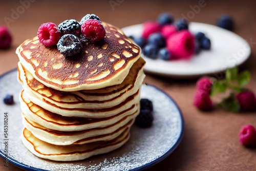 Stack of homemade pancakes with berries  trendy modern desserts  healthy food with cereals.
