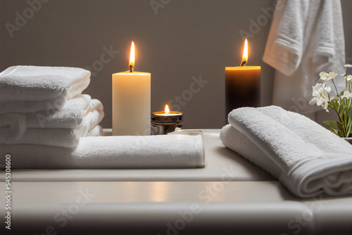 Fototapeta Naklejka Na Ścianę i Meble -  Natural relaxing spa composition, massage table in wellness center with towels,jasmine flowers salt