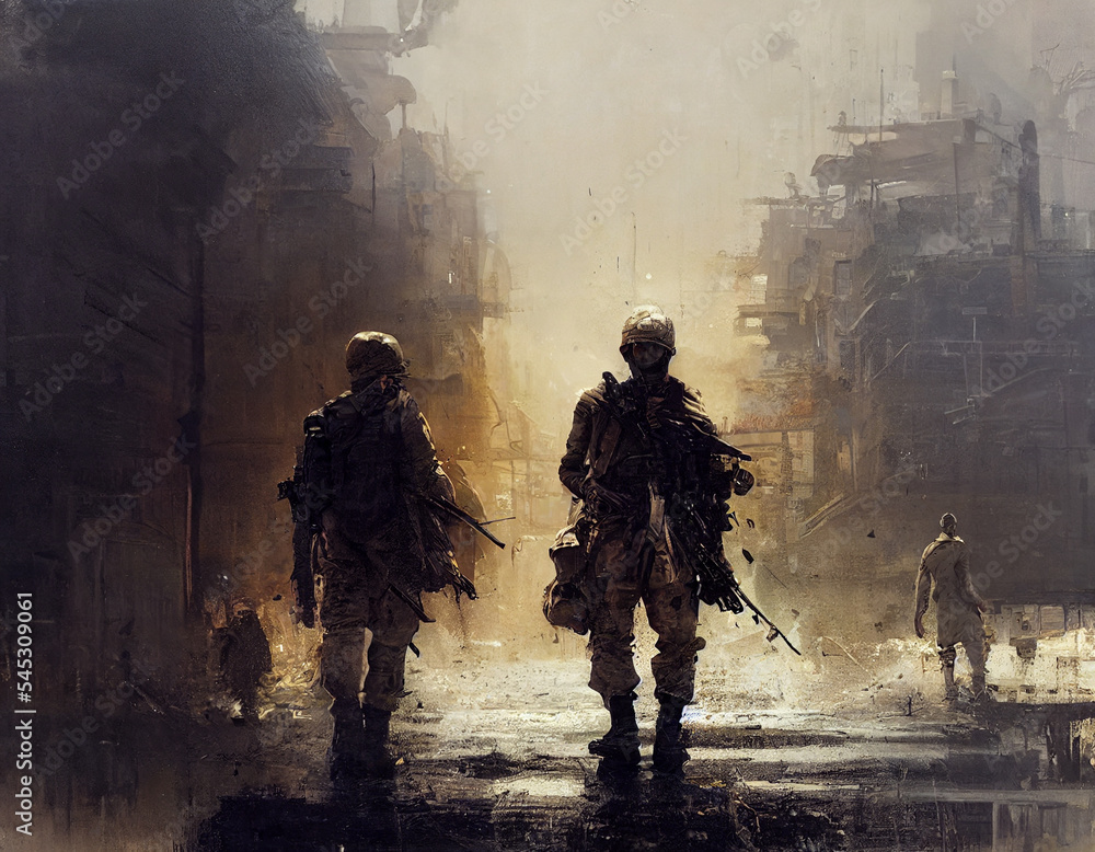 Fototapeta premium Moder warfare soldier illustration, chaos war place, military concept patriotic