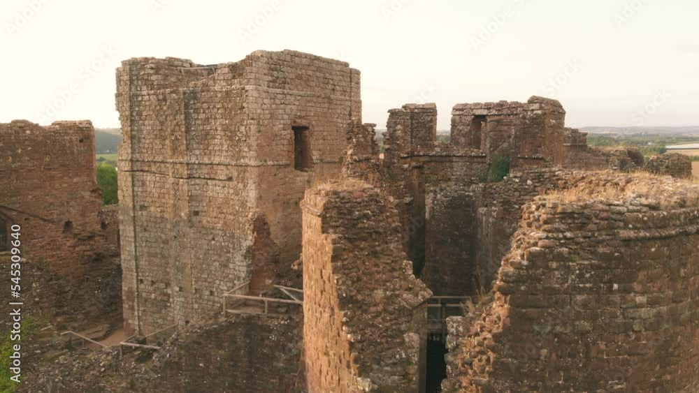 Aerial drone shot of Normal Medieval ruins of Goodrich Castle in England Aerial drone shot of Normal Medieval ruins of Goodrich Castle in England