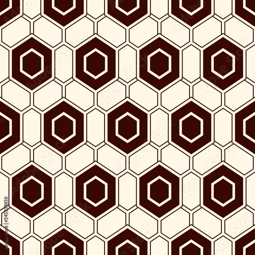 Contemporary honeycomb geometric pattern. Repeated hexagon ornament. Modern mosaic tiles background. Seamless surface abstract design. Geo wallpaper. Digital paper, textile print. Vector illustration