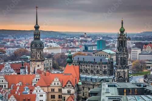 Panoramic view of beautiful Dresden old town towers at dawn, Germany