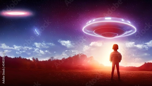 A boy with an alien UFO in the sky