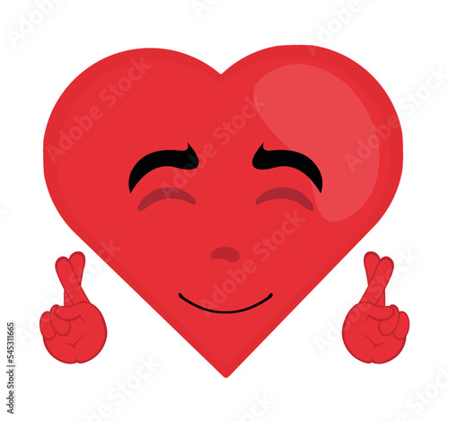 vector illustration of cartoon character of a heart with a cheerful expression and crossing the fingers of the hands