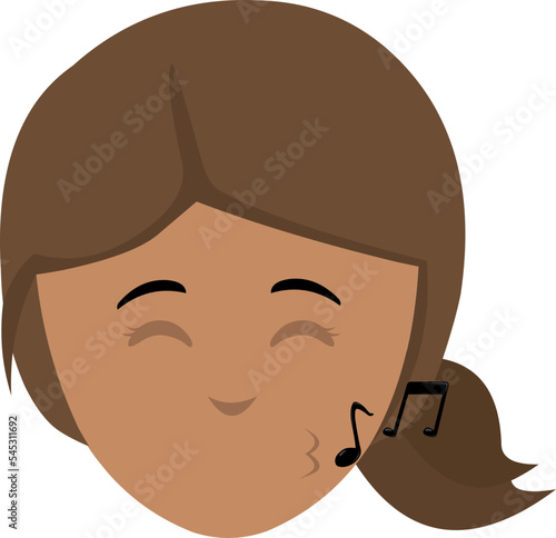 vector illustration of the face of a brunette woman cartoon whistling with musical notes on her lips