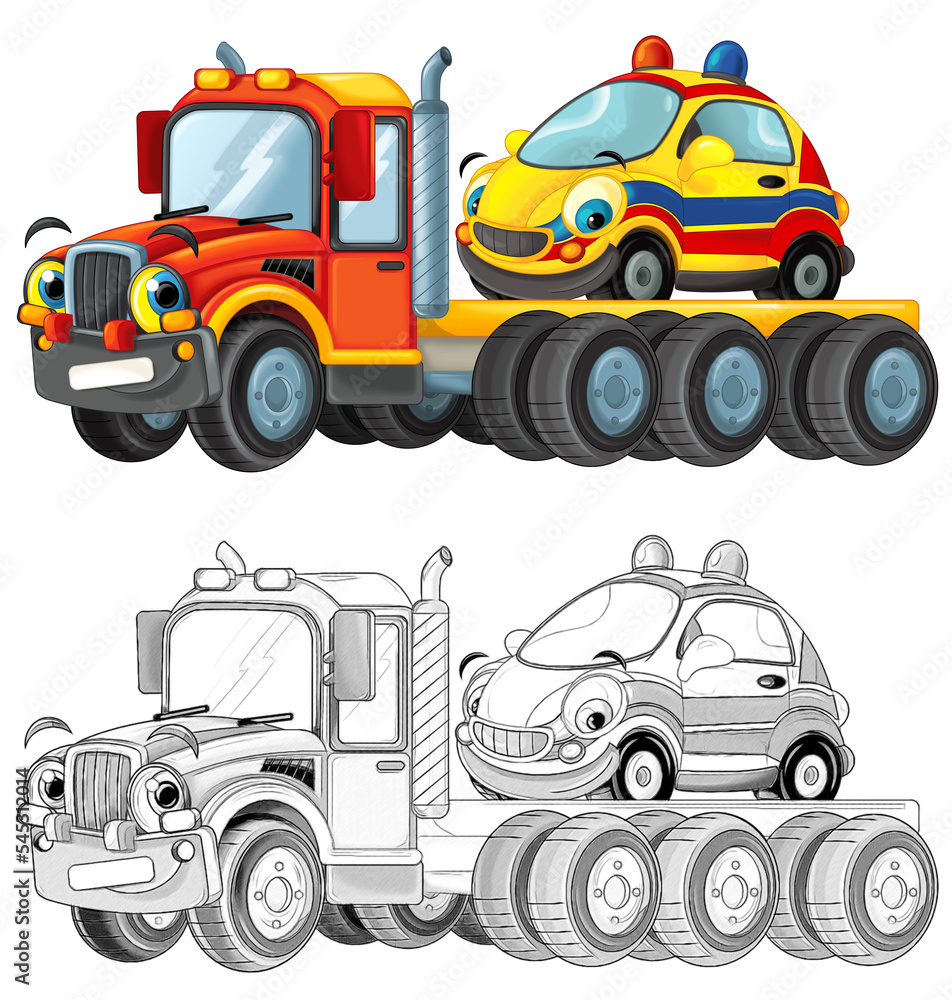 cartoon tow truck driving with load other car isolated