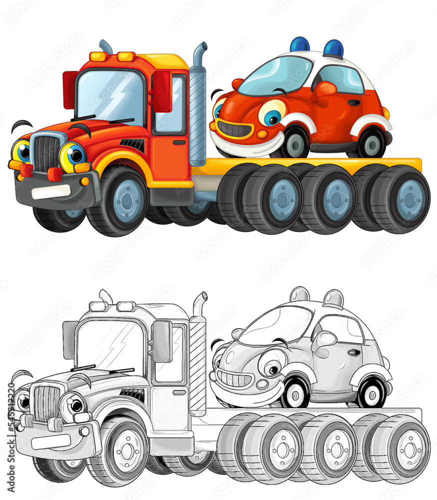 cartoon tow truck driving with load other car isolated cartoon tow truck driving with load other car isolated