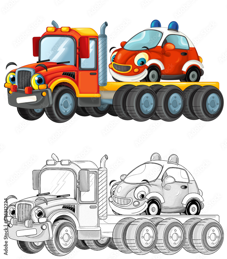 Obraz premium cartoon tow truck driving with load other car isolated