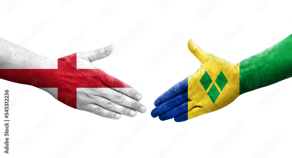 Handshake between Saint Vincent Grenadines and England flags painted on hands, isolated transparent image. Handshake between Saint Vincent Grenadines and England flags painted on hands, isolated transparent image.