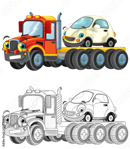 cartoon tow truck driving with load other car isolated