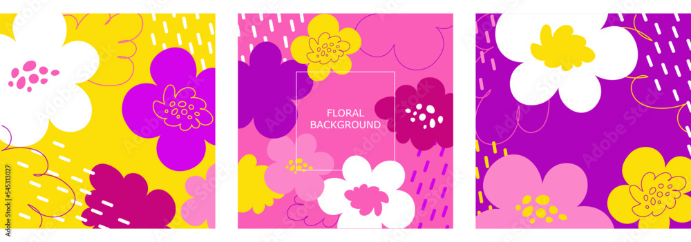 Vector set of backgrounds with flowers and abstract graphic elements.