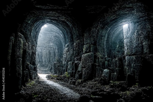 Fototapete Dark dungeon catacomb underground tunnel spectacular halloween passage 3D illust