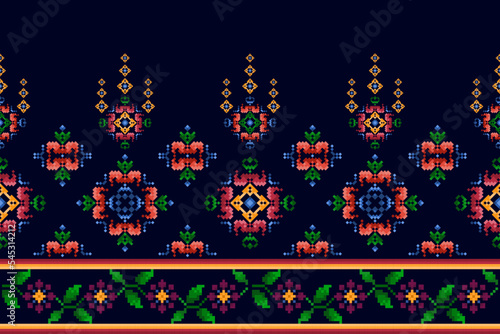 Ikat pixel paisley ethnic seamless pattern decoration design. Aztec fabric carpet boho mandalas textile decor wallpaper. Tribal native motif ornaments traditional embroidery vector background 