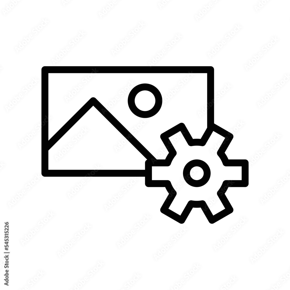Image or photo setting icon with configuration gear wheel in black outline style Image or photo setting icon with configuration gear wheel in black outline style