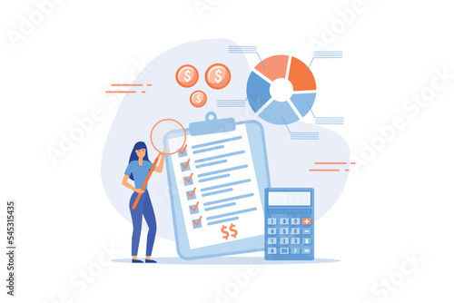 Budget planning or income management, spending and expense report or investment balance sheet, debt calculation and analysis, flat vector modern illustration