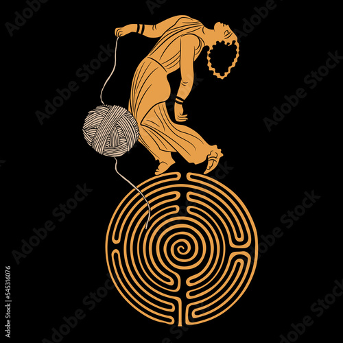 Ancient Greek girl holding yarn ball dancing on a round spiral maze or labyrinth symbol. Ariadne thread. Creative mythological concept. 