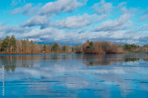 Winter scenery of Leach pond in Borderland state park Easton MA USA