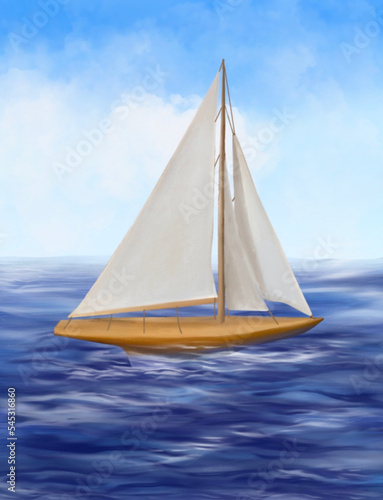 海に浮かぶヨットの模型イラスト、模型のヨットが海を走っている様なイラスト、マリンブルーの海に浮かぶヨットのイラスト、帆船が大海を航海しているイラスト、青空の下の海上を走る白帆のヨットのイラスト