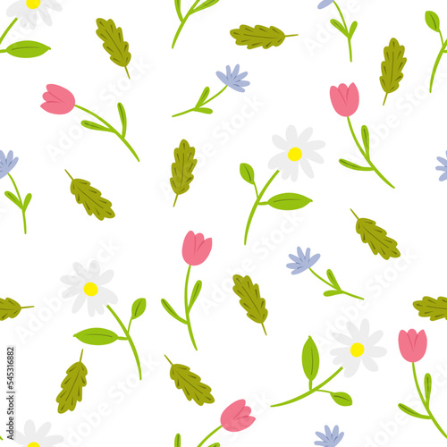 Seamless pattern with flowers and leaves. Bright pattern with daisies.