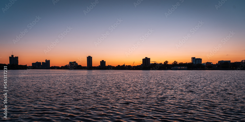 Cambridge from Charles River during sunset in Boston City